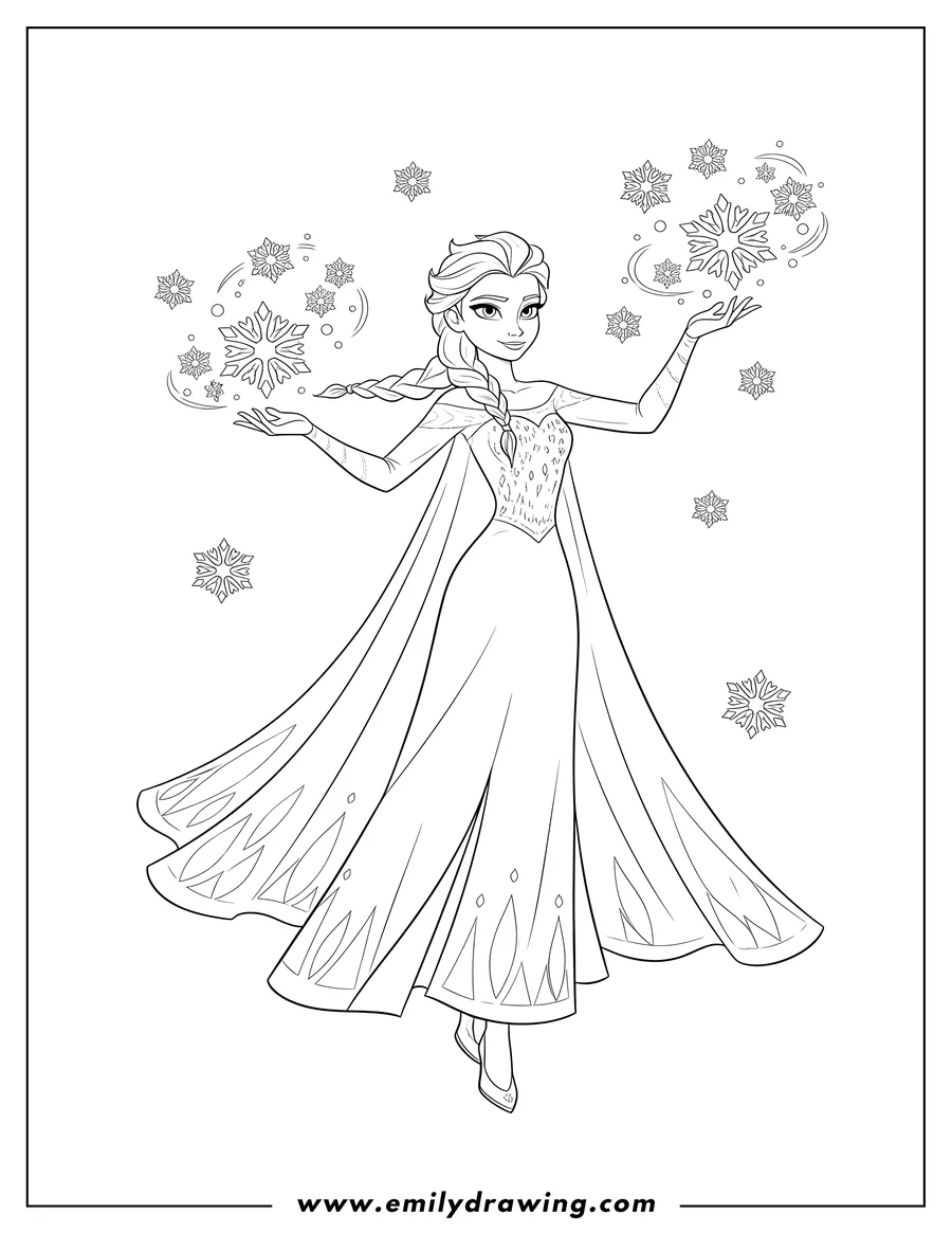 Printable coloring page of elsa posing gracefully with snowflakes