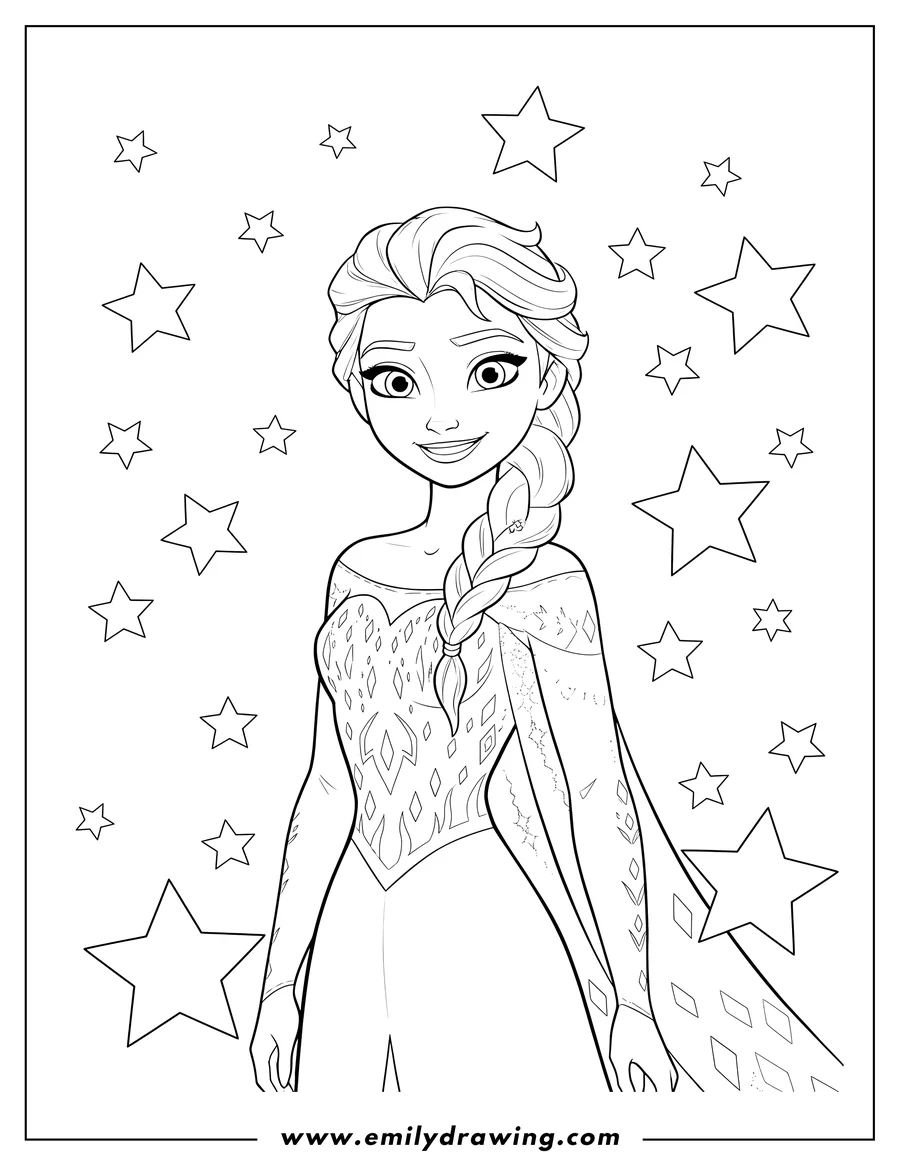 Simple sketch of elsa Disney Cover Image, smiling, with braided hair, and surrounding stars to color