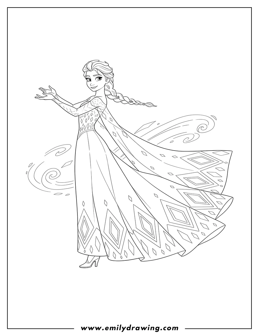 Full page coloring image of elsa smiling over her shoulder with outstretched arms, wearing her big swooping dress adorned with ice diamonds