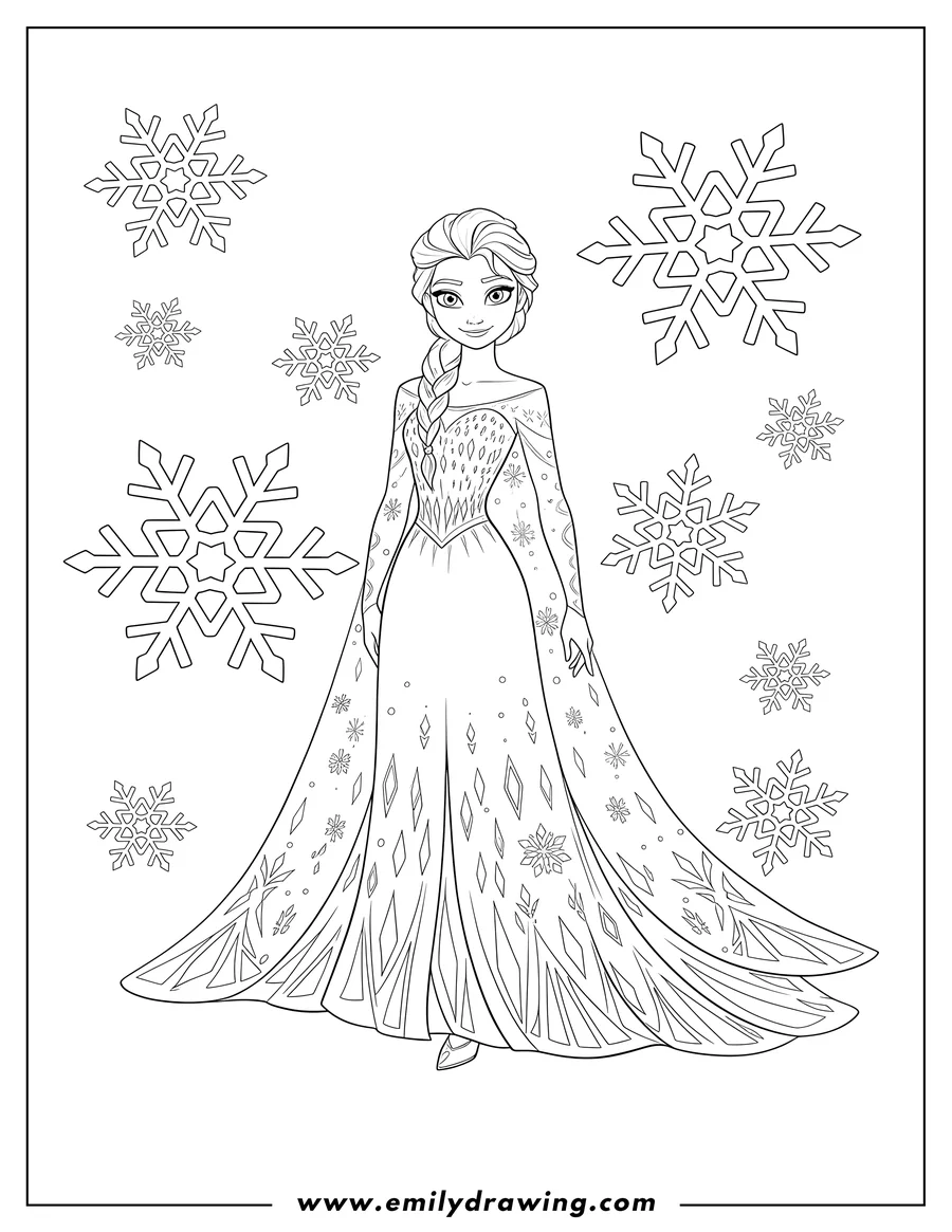 Printable line art of elsa Stunning Dress With Snowflake Background Scaled, standing with a side braid and gentle smile