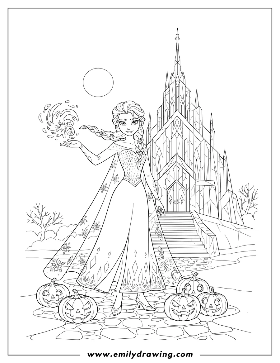 Coloring page for kids: elsa with braided hair, gesturing with her hand, outside her castle with jack-o-lanterns on Halloween