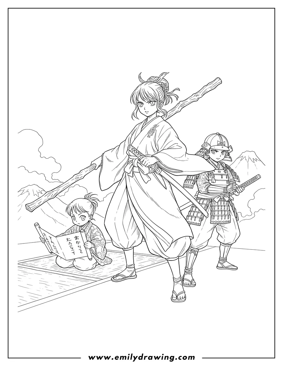 Coloring page for kids: elusive Samurai Manga Series characters: a girl with a staff, a boy with a sword, and a child reading a scroll
