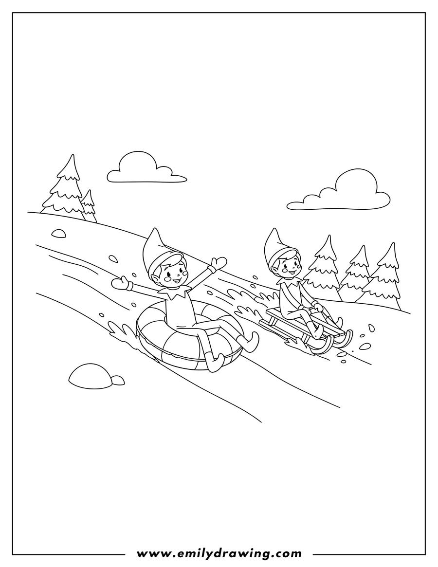 Clean line drawing: two Elf on the Shelf characters, one snow tubing and one sledding down a snowy hill