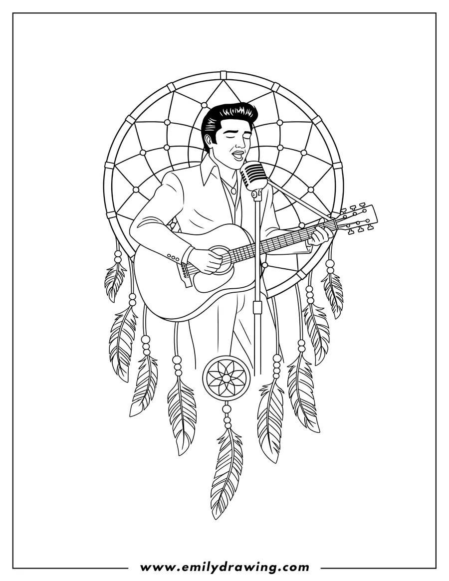 Full page coloring image of elvis Presley singing into a microphone and holding an acoustic guitar, inside a dreamcatcher with feathers
