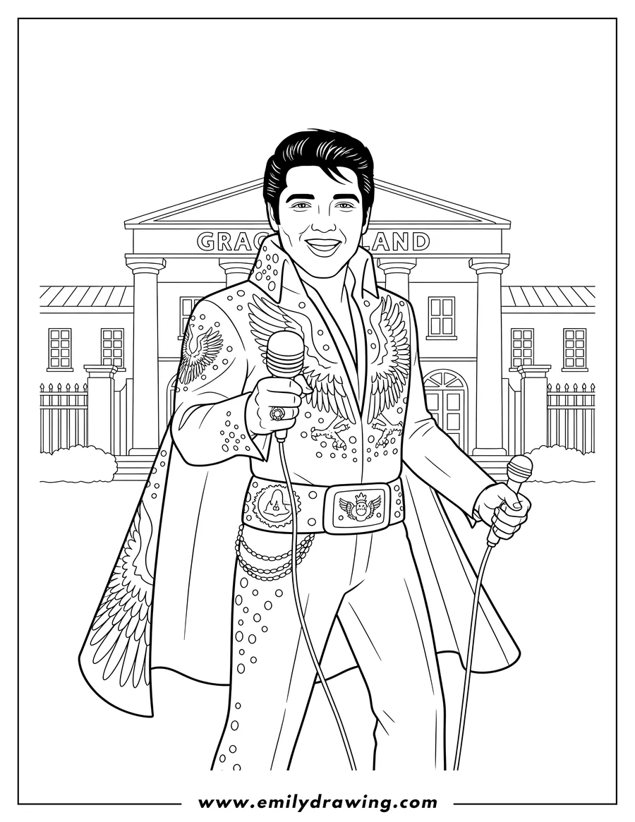 Coloring page for kids: elvis Presley, Smiling in Iconic Costume with Cape, Holding a Corded Microphone, Front Graceland