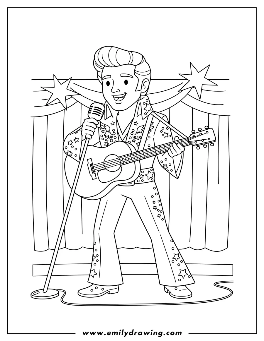 Simple sketch of elvis Presley Performing Iconic Costume, holding a microphone and playing a guitar to color