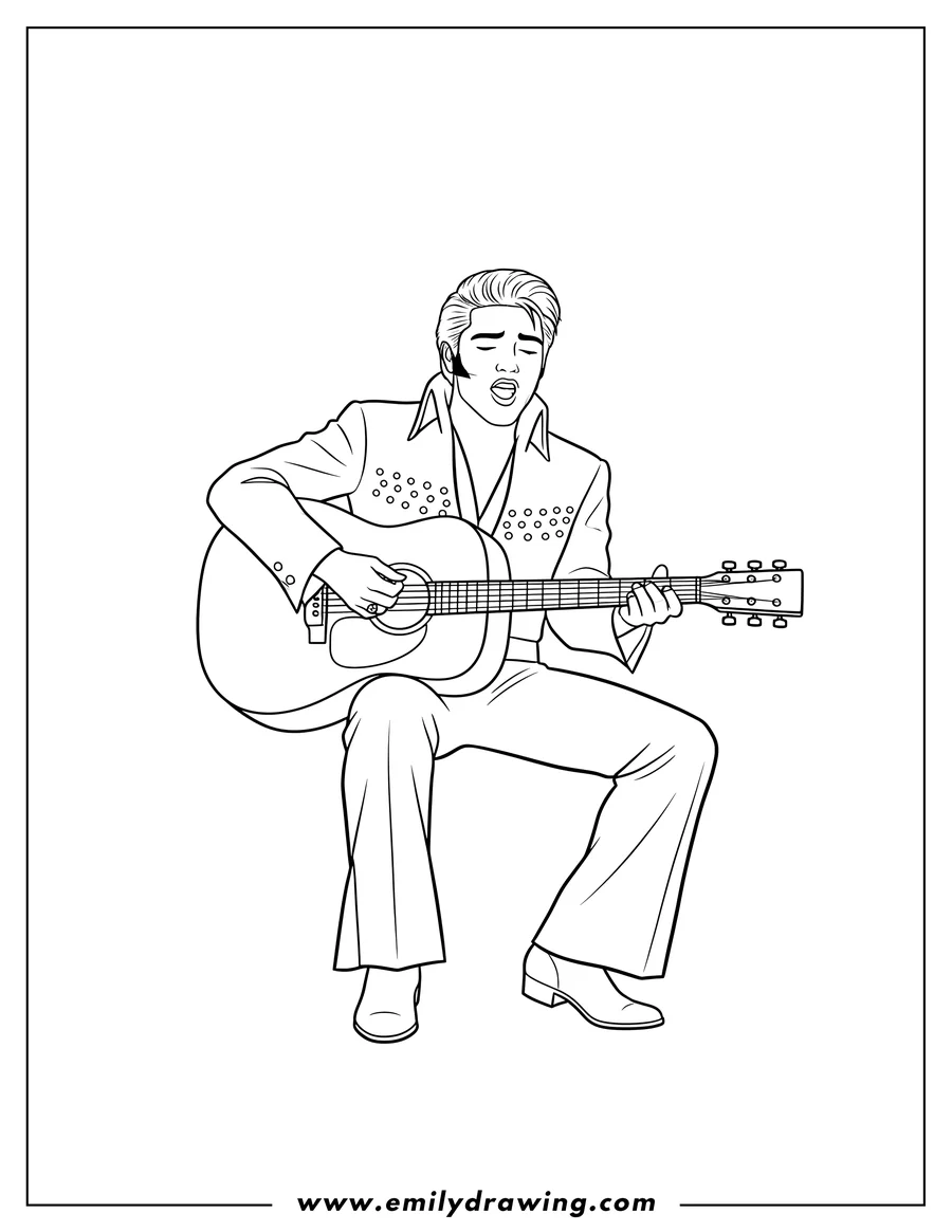 Clean line drawing: elvis Presley sitting, singing, and playing guitar