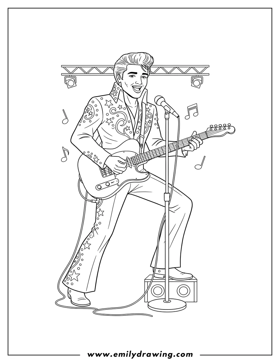 Printable coloring page of elvis Singing with a stand microphone and playing a guitar