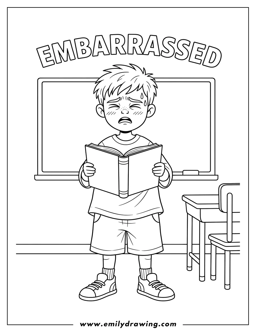 Doodle style coloring picture of embarrassed student holding an open book with 'EMBARRASSED' text above his head