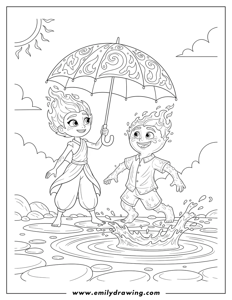 Linear illustration of ember Lumen And Wade Ripple from Elemental, Ember holding an umbrella while Wade splashes in the water