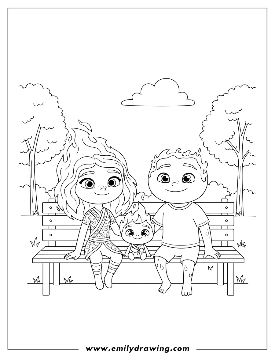 Free to print drawing of elemental Movies: Ember and Wade sitting on a bench with a small fire character