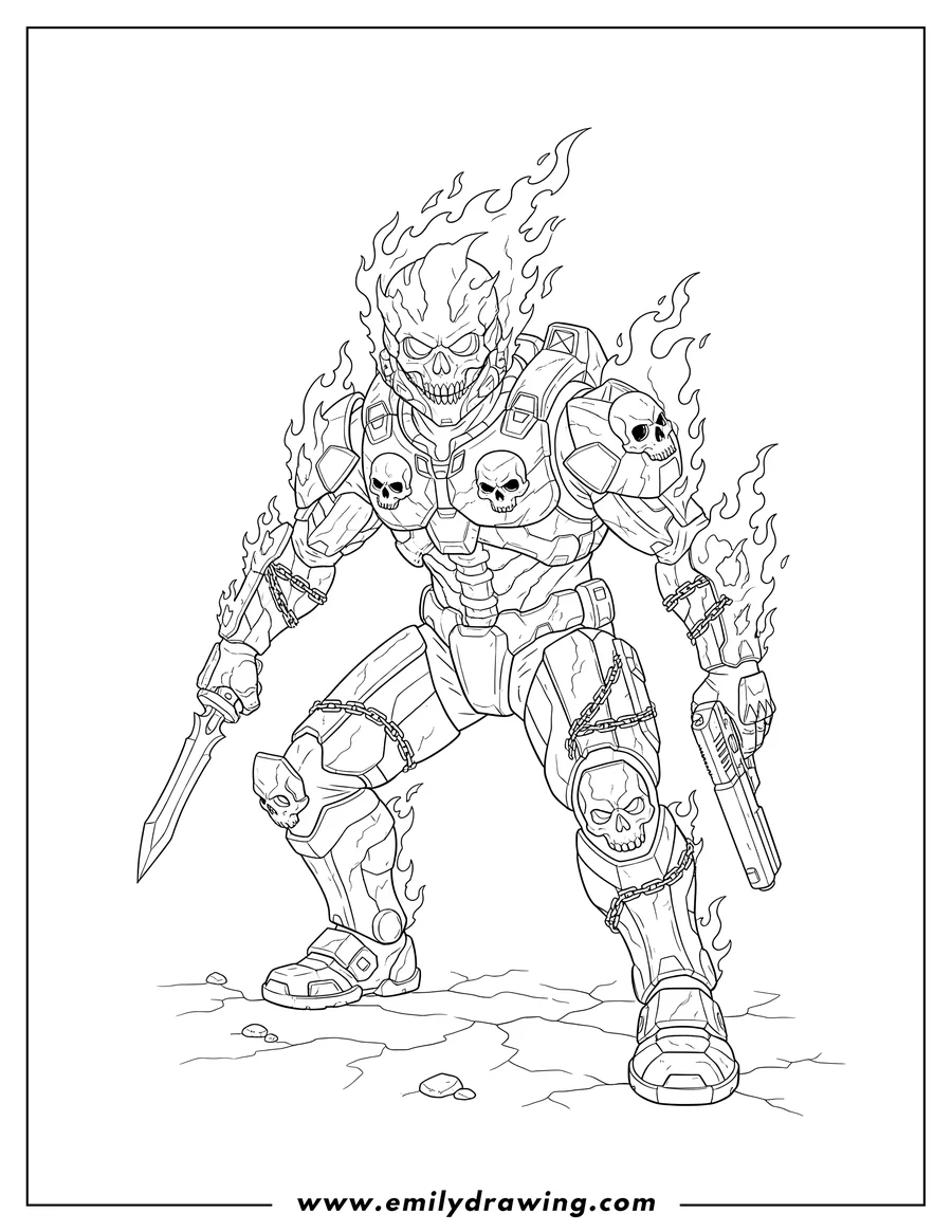 Simple sketch of halo Reach Emile Ghost Rider with a knife and pistol, crouching to color
