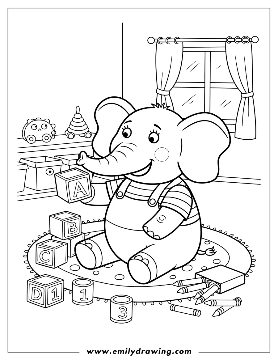 PDF style coloring page: emily Elephant playing with alphabet and number blocks, with crayons nearby