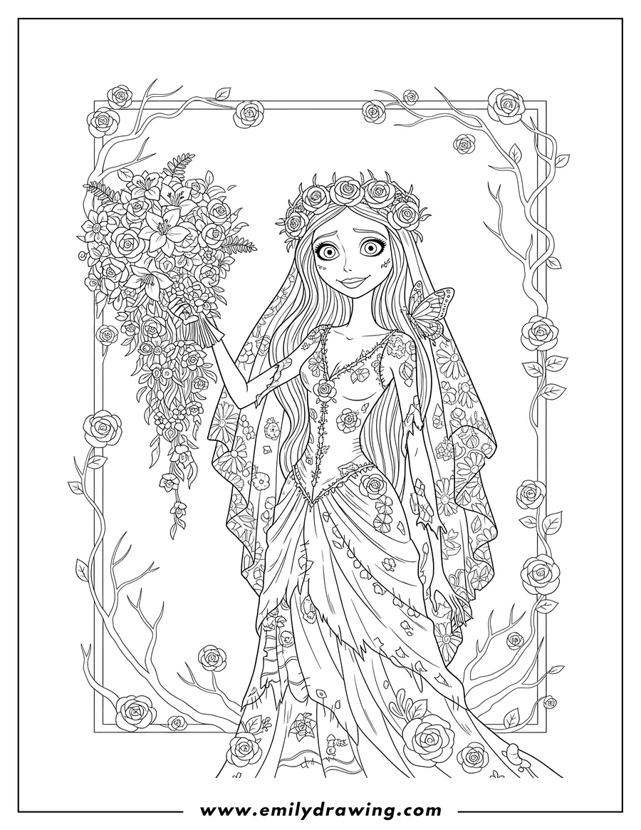 High quality printable emily Corpse Bride With Roses, with one hand raised and holding a bouquet, wearing a floral crown and veil for coloring