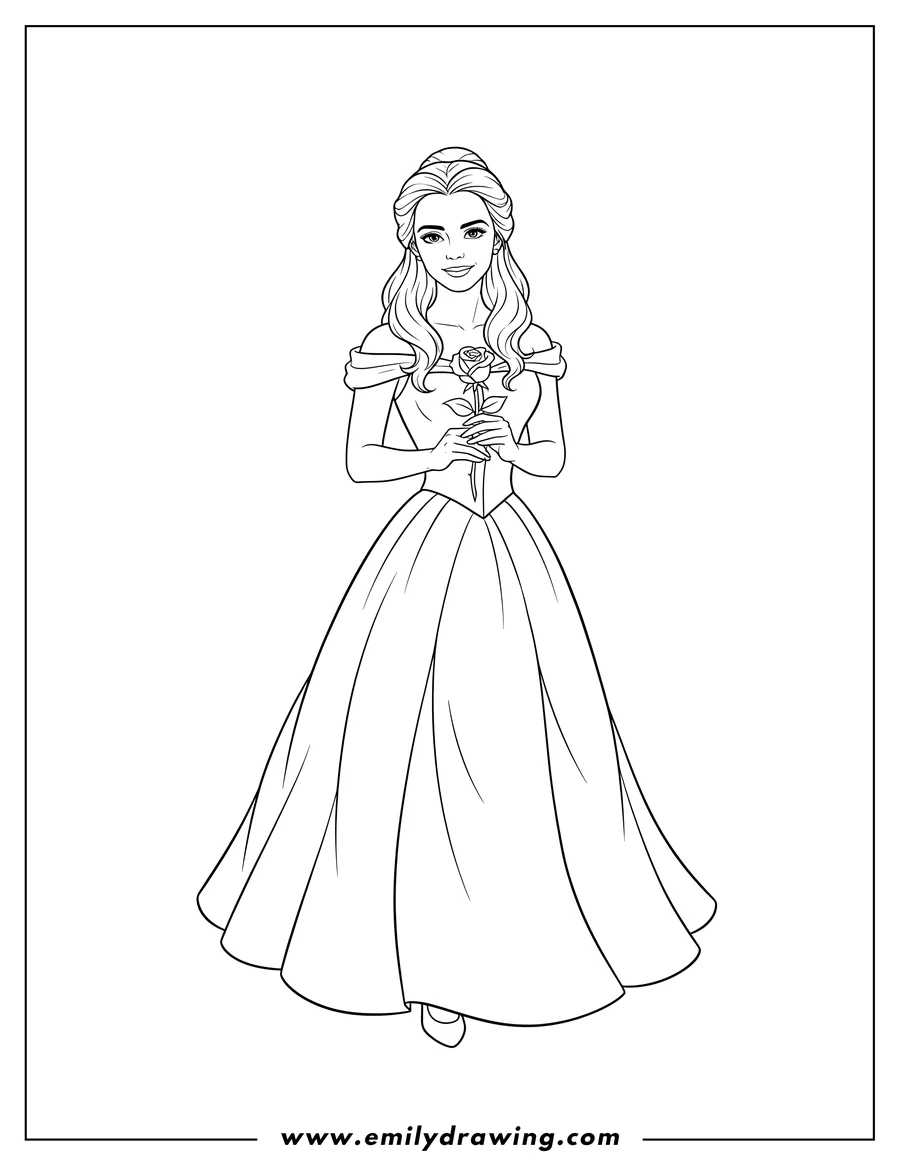 High quality printable emma Watson as Princess Belle holding a rose for coloring