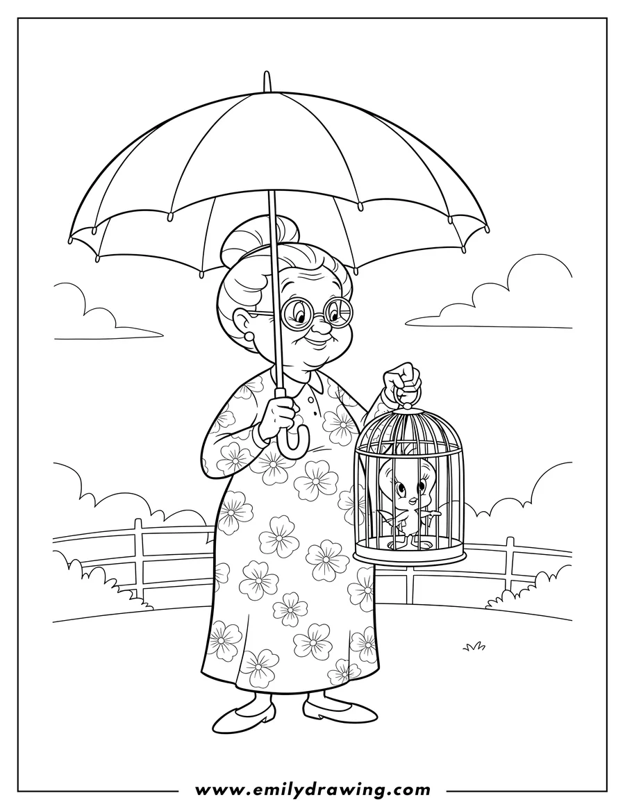 Coloring page of emma Webster holding an umbrella and a Tweety Bird cage