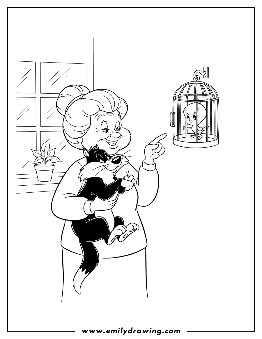 Outline drawing of emma Webster holding Sylvester and pointing to Tweety in a birdcage