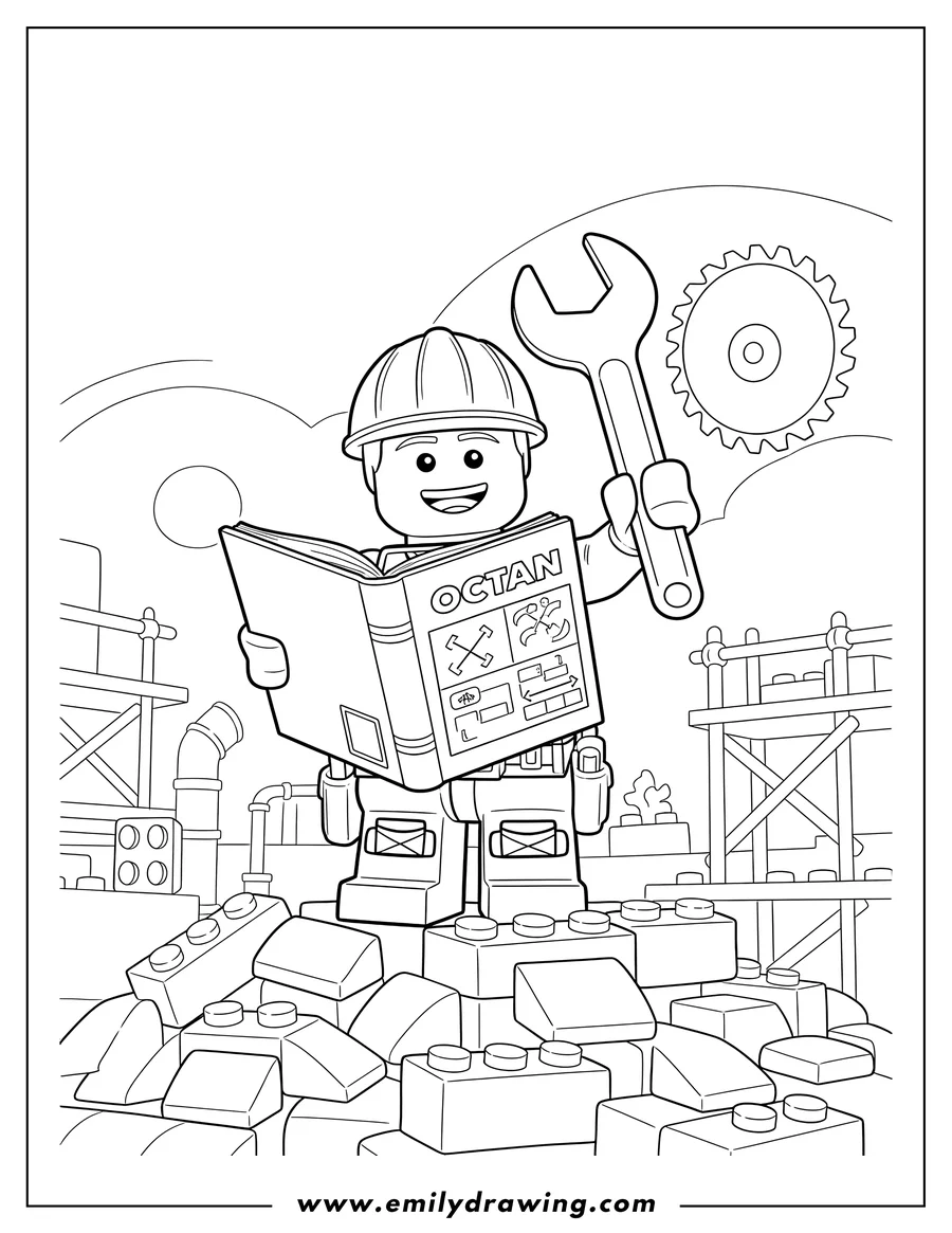 Coloring page of emmet Doing Construction Work, smiling and holding an Octan instruction manual