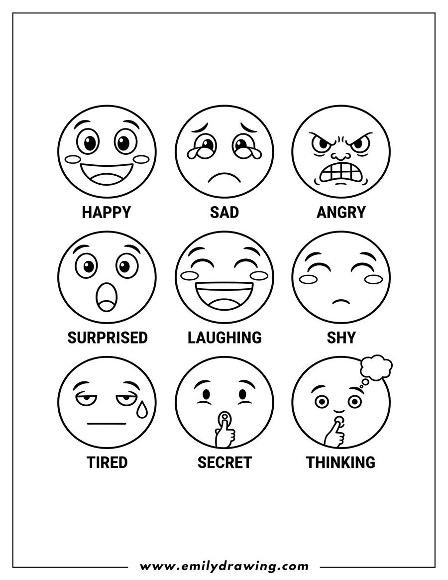Free printable coloring sheet of emotions And Feelings Emoji List with 9 distinct labeled emoji faces