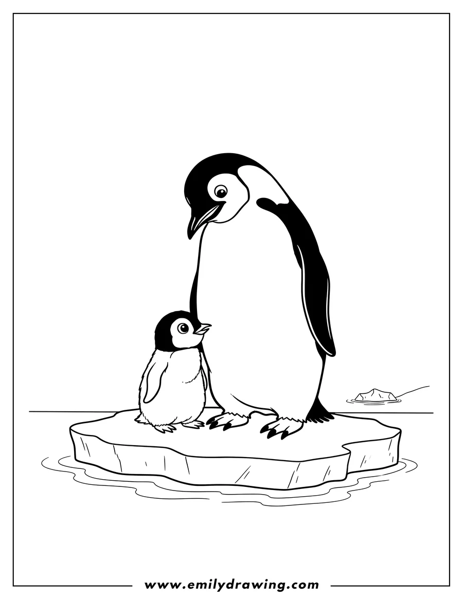 Doodle style coloring picture of emperor Penguin looking down at its baby penguin looking up, both on a piece of ice