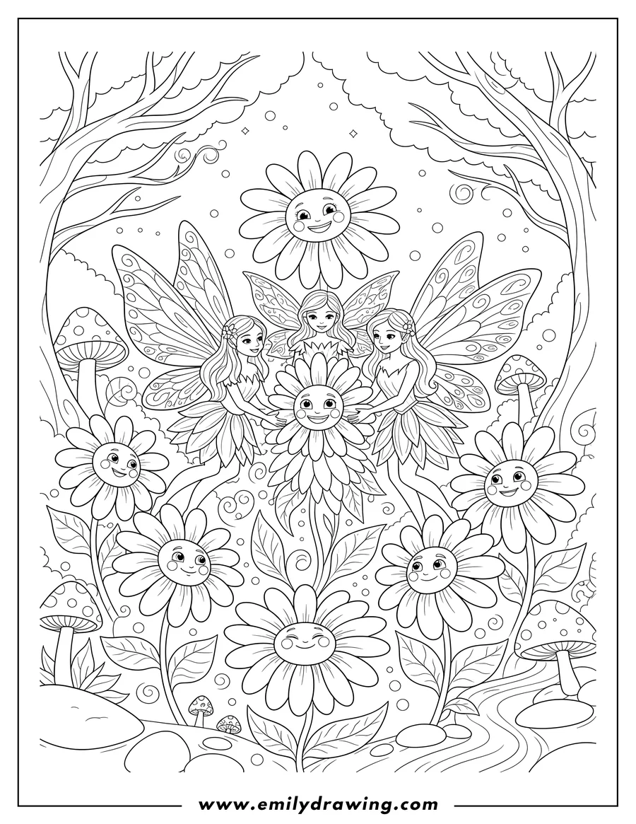 Coloring page of enchanted Garden with winged fairies holding daisies and smiling daisies