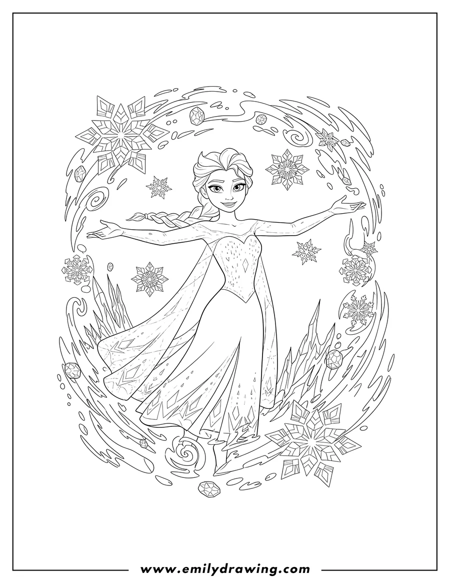Full page coloring image of enchanting Elsa, smiling with outstretched arms, surrounded by frozen elements