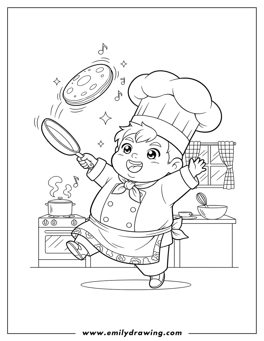 Coloring page of energetic Chibi Chef Flipping a Pancake in Mid-Air with a Frying Pan in a Cozy Kitchen