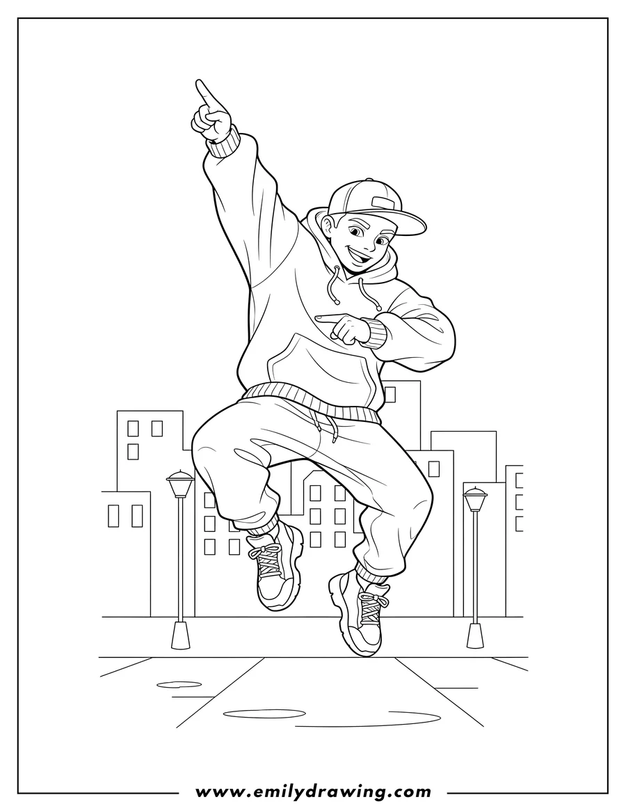 Full page coloring image of energetic Hip Hop Dancer wearing a backward cap, oversized hoodie, and sneakers, leaping mid-air with one finger pointing up, grooving in a city