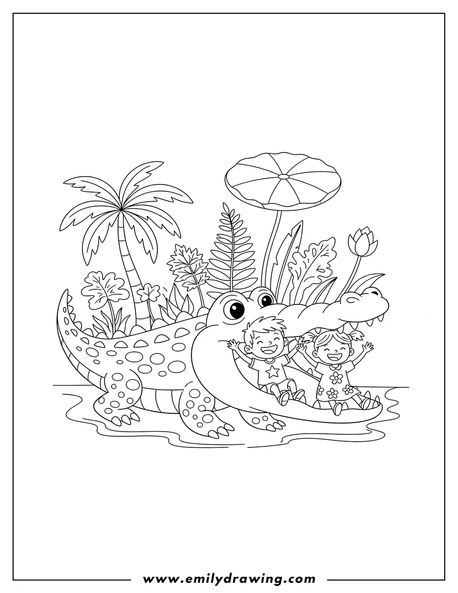 Coloring page of enormous crocodile with children inside its open mouth and plants on its back