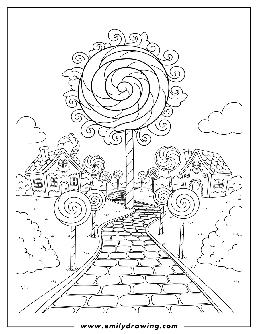Free to print drawing of entrance To Candyland with a giant lollipop and a winding path