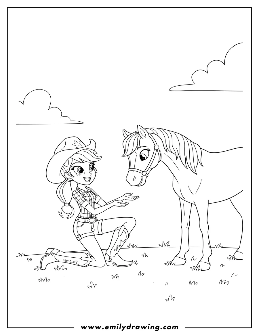 Coloring page for kids: equestria Girls Applejack kneeling on grass, wearing a cowboy hat, smiling and reaching out to a horse