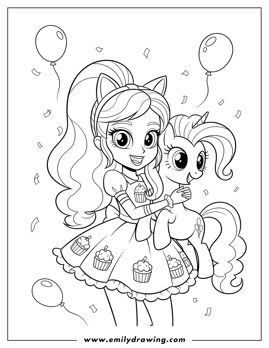 Free printable coloring sheet of equestria Girls Pinkie Pie with cat ears and bow, happily hugging Pony Pinkie Pie