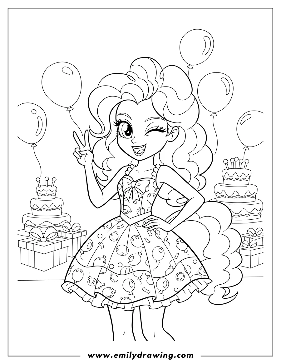 Black and white line art of equestria Girls Pinkie Pie Party, winking and posing with a peace sign