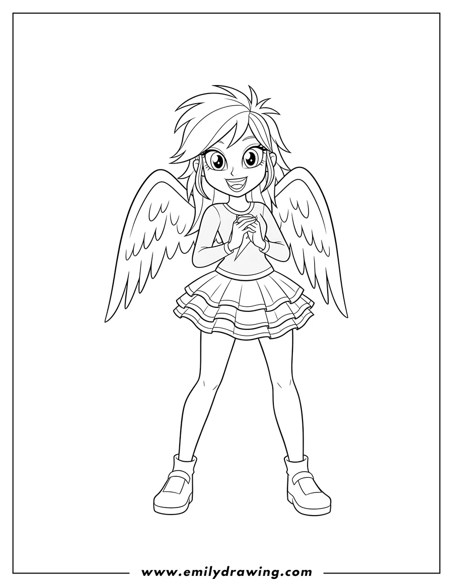 Simple sketch of equestria Girls Rainbow Dash standing and smiling with hands clasped to color