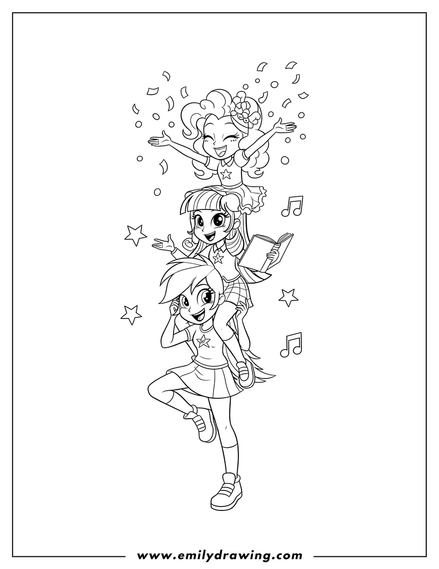 Free printable coloring sheet of equestria Girls Pinkie Pie Twilight Sparkle And Rainbow Dash stacked on each other