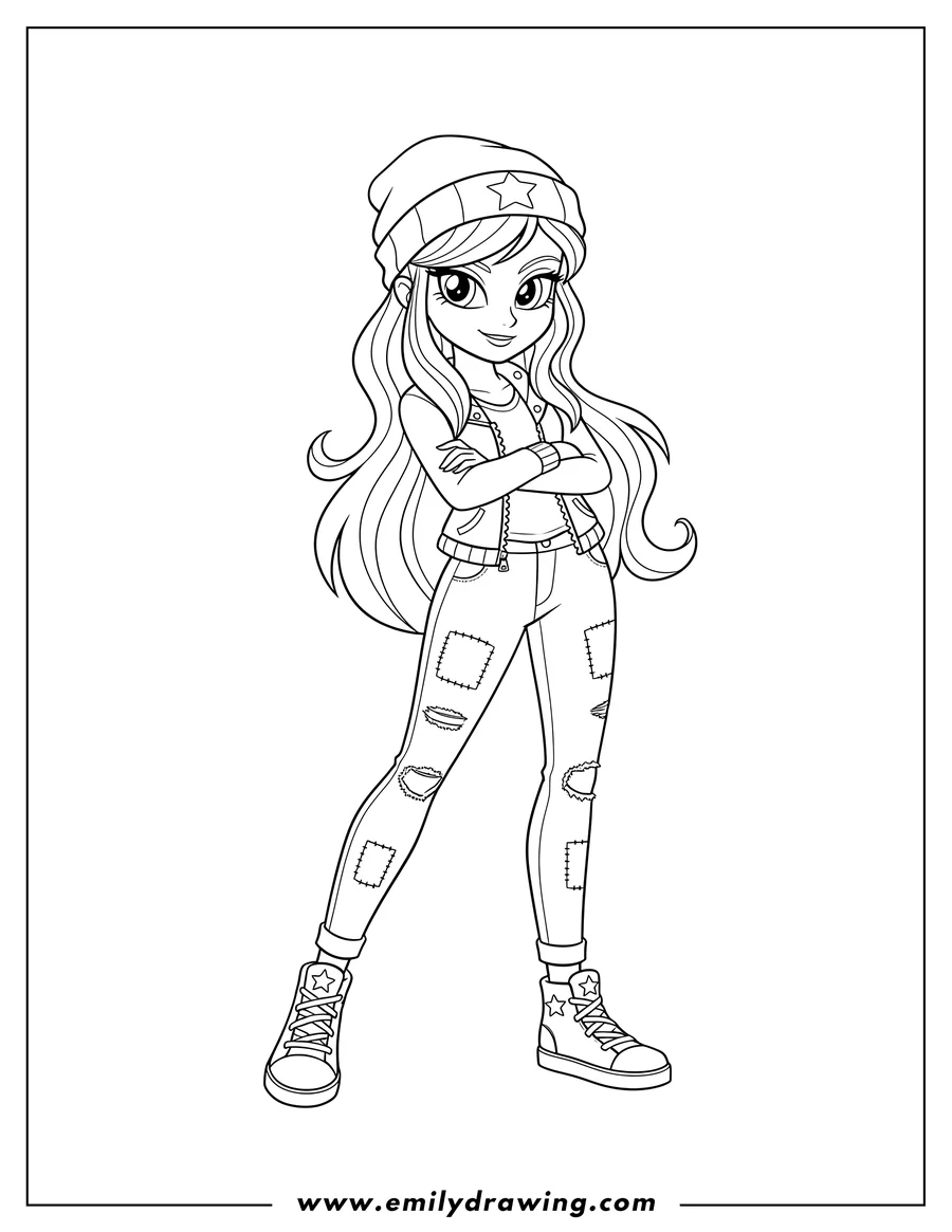 Clean line drawing: equestria Girls Starlight Glimmer standing with arms crossed, wearing a beanie and ripped jeans