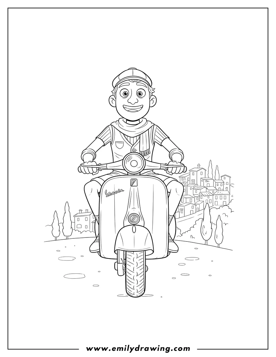 Printable coloring page of ercole Visconti Sitting On His Vespa, smiling with hands on handlebars
