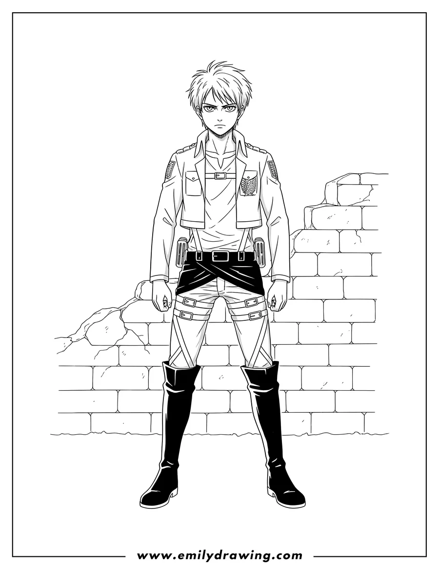 Outline drawing of eren Yeager from Attack on Titan standing in his Scout Regiment uniform