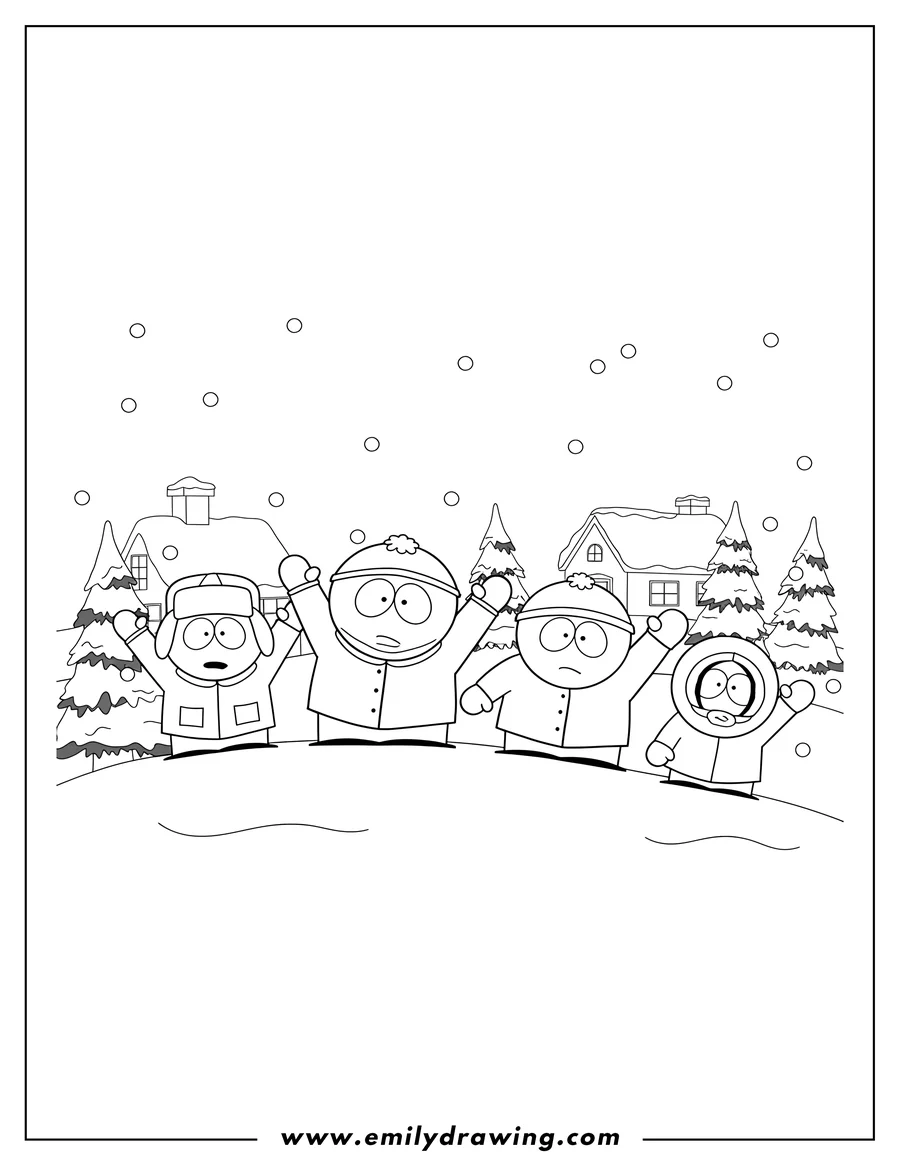 Free to print drawing of eric Kyle Stan And Kenny Waving in snowy South Park
