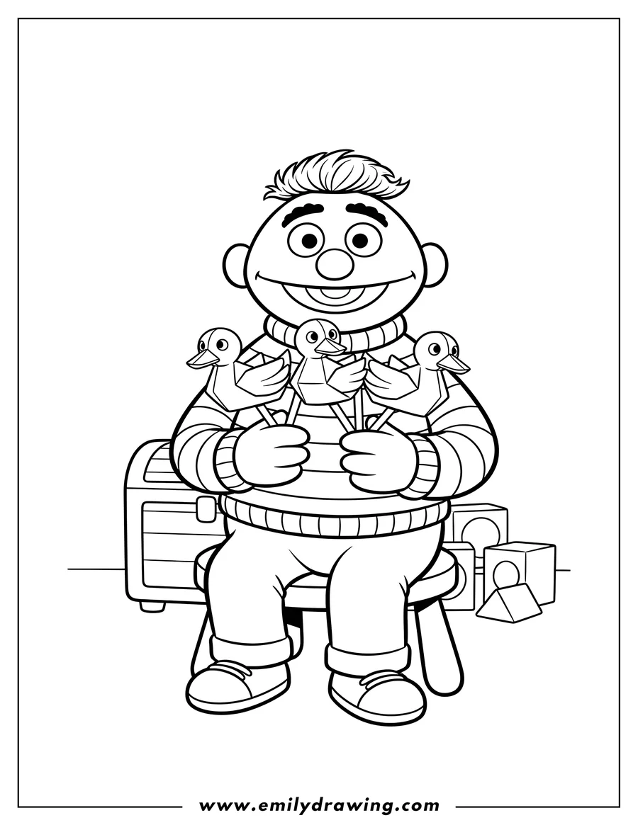 Outline drawing of ernie sitting and smiling, holding paper ducks