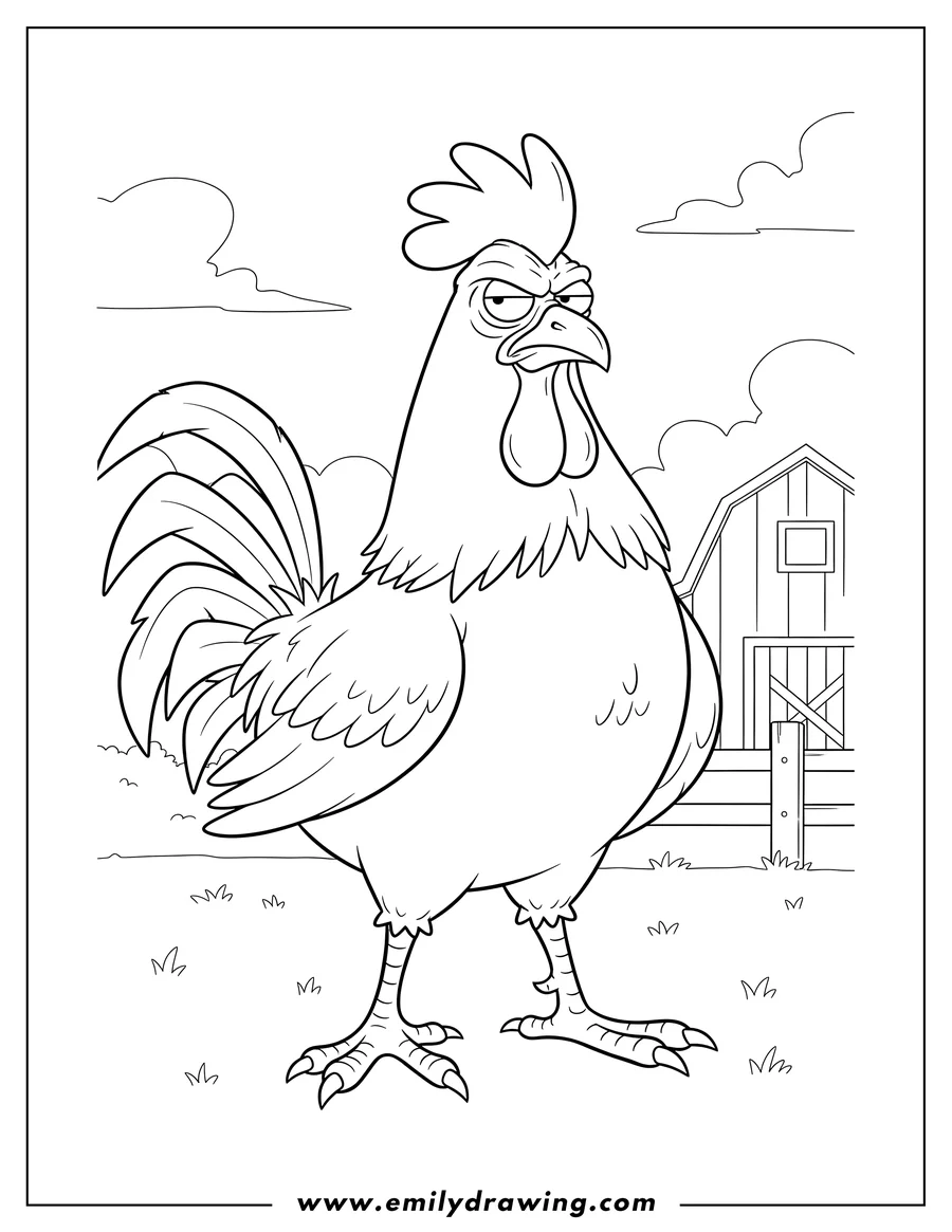Outline drawing of ernie Giant Chicken, a grumpy rooster
