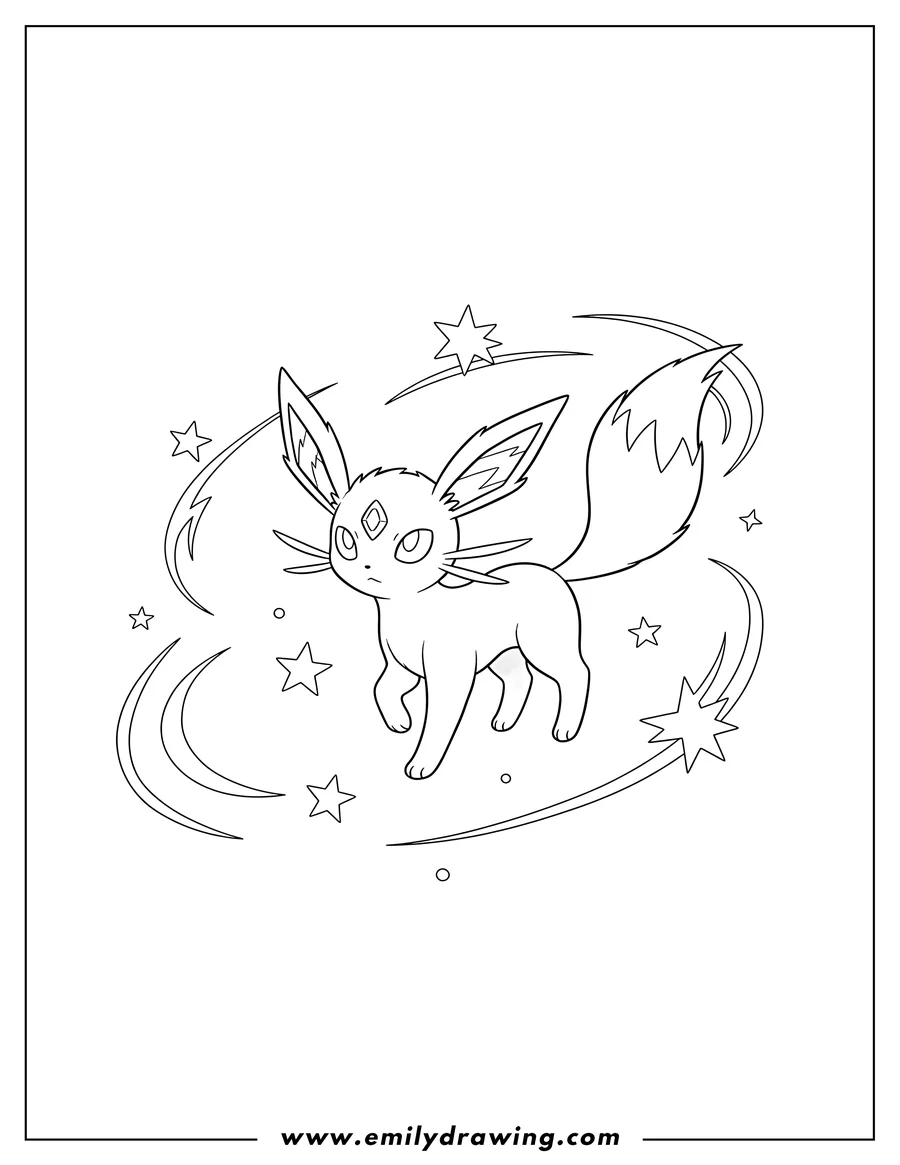 Doodle style coloring picture of espeon from video game, floating with stars