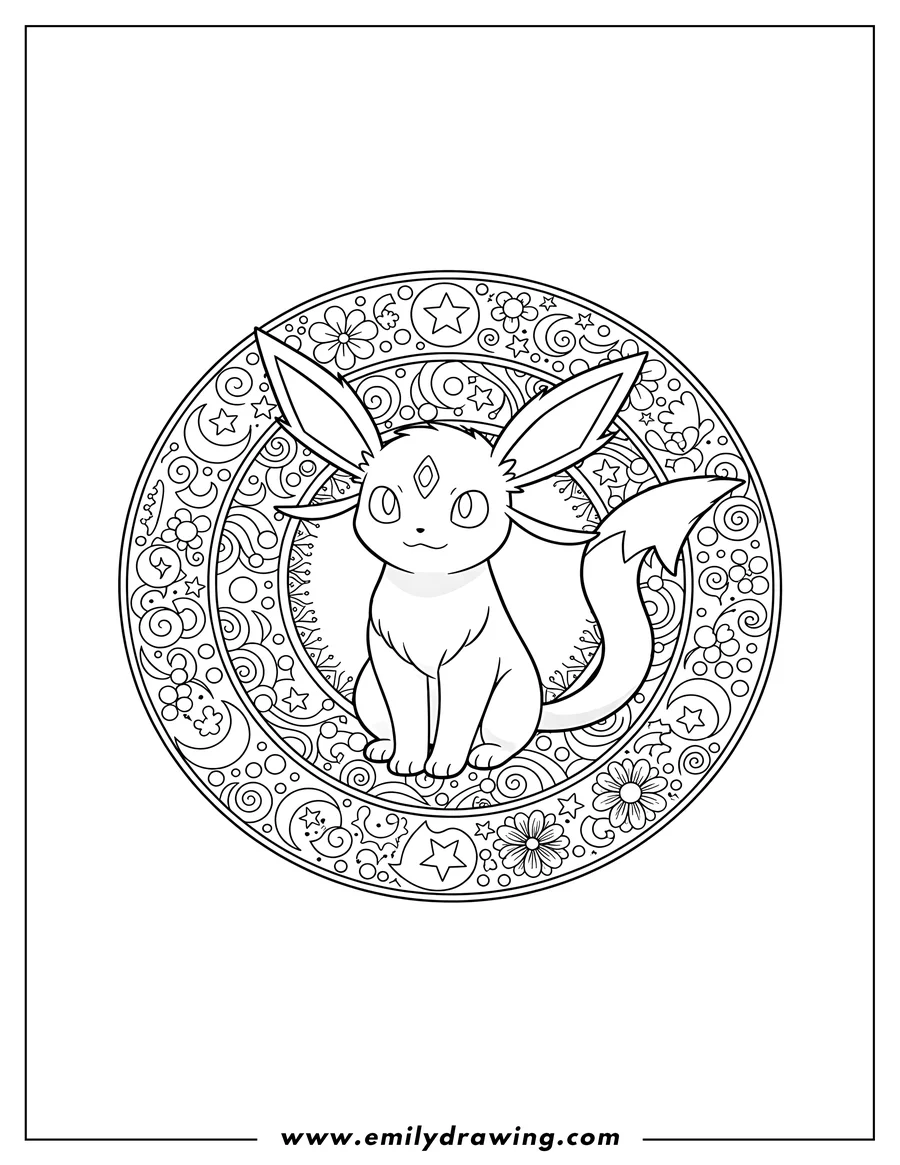 Coloring page of espeon Pokemon Mandala, sitting and smiling