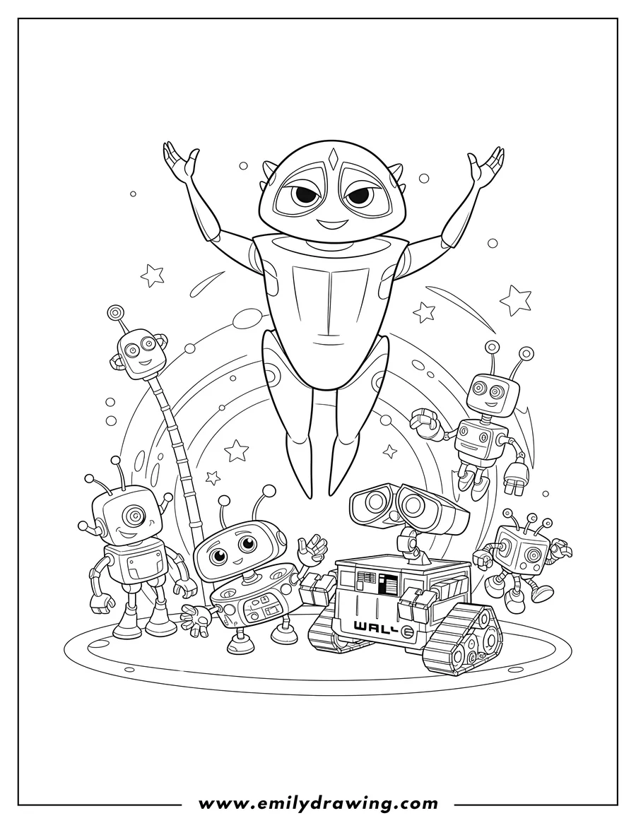 Vector style outline of eve floating above Wall-E with arms raised, M-O, and other robots