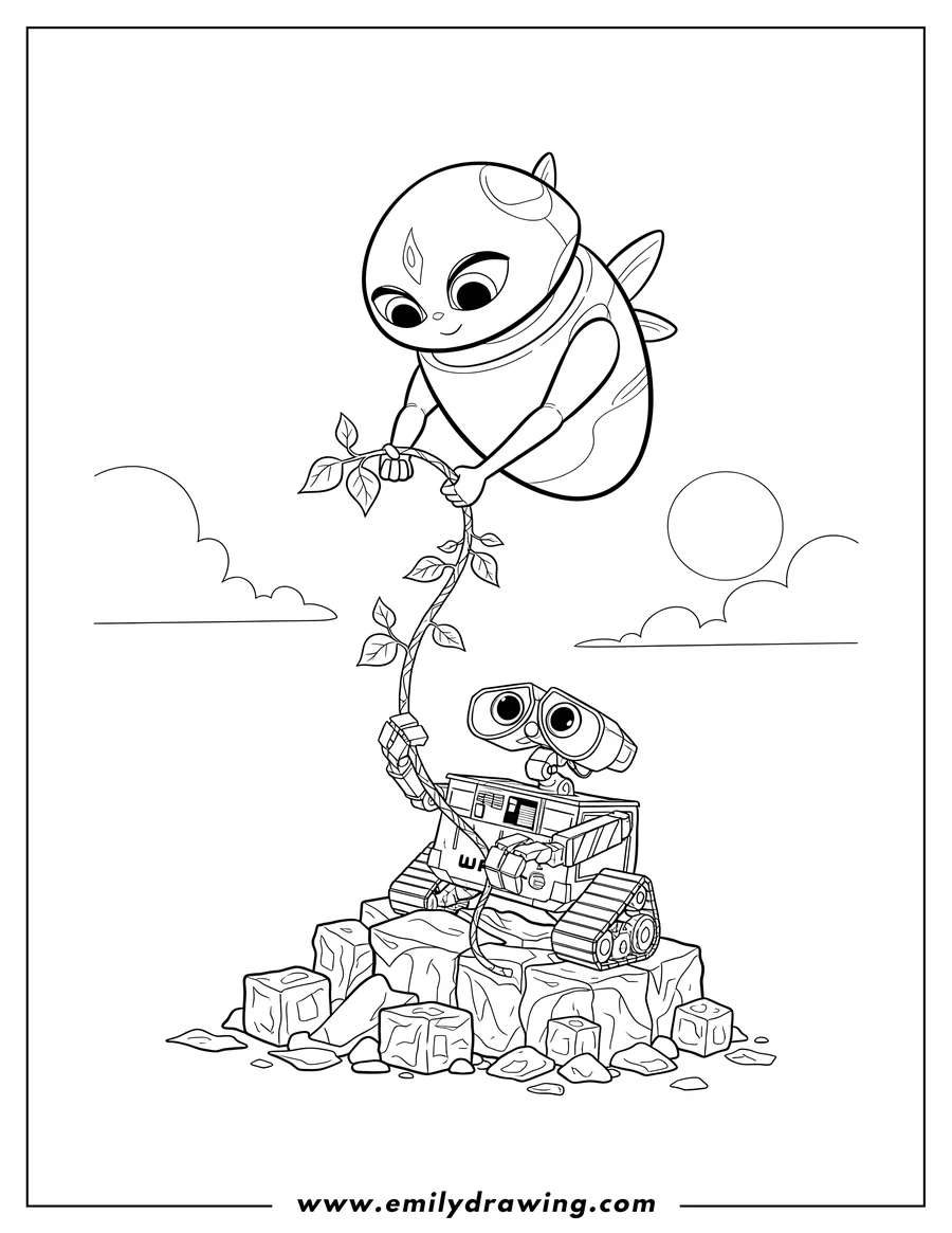 Free to print drawing of eve flying peacefully above Wall-E, who is holding a cable and looking up at her