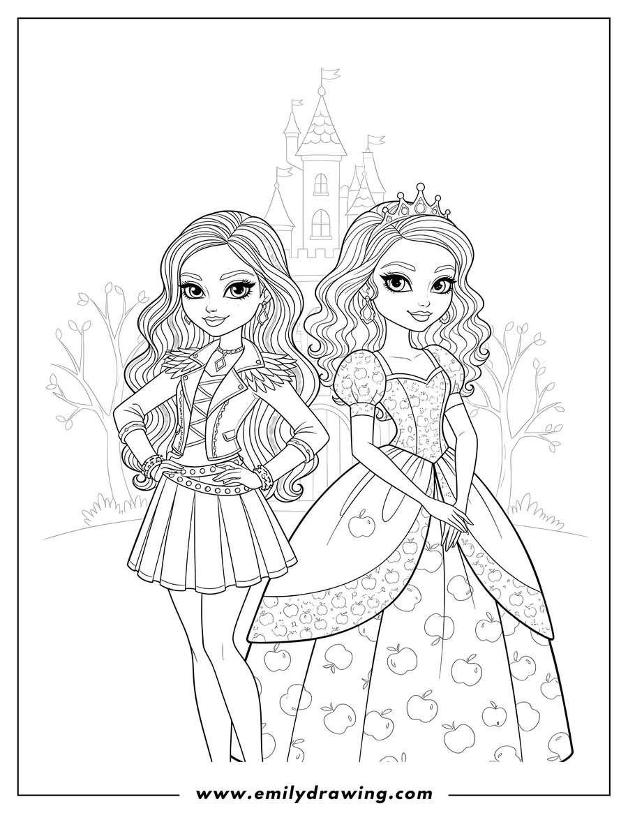 Coloring sheet featuring ever After High Tv: Raven Queen and Apple White posing