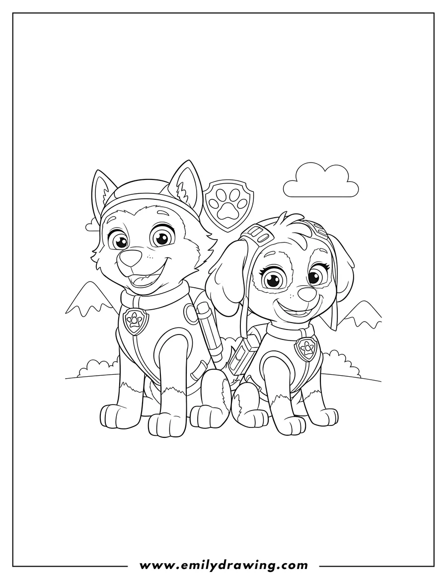 Doodle style coloring picture of everest and Skye sitting together, smiling