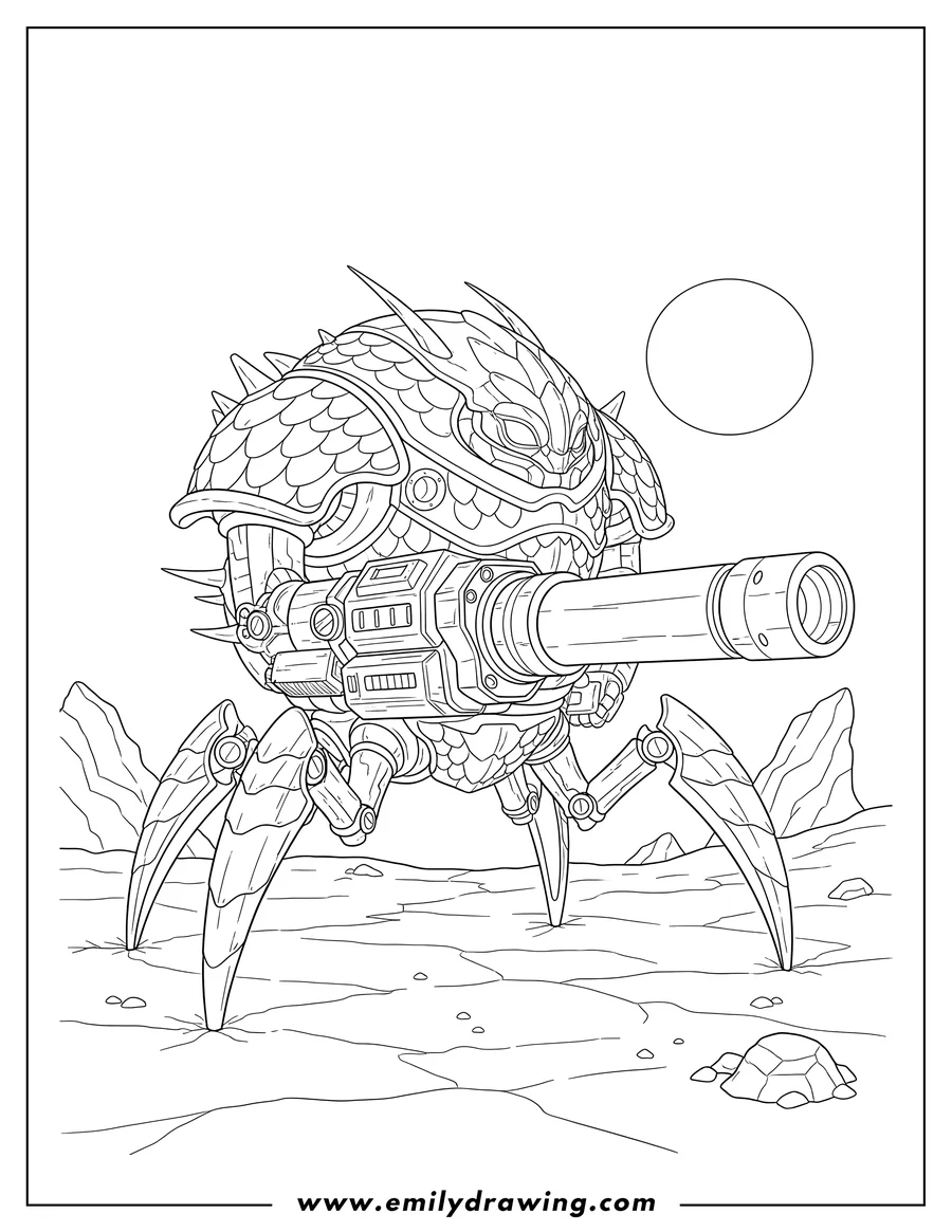 PDF style coloring page: evil Alien Robot Scaled, a multi-legged mech with a large gun