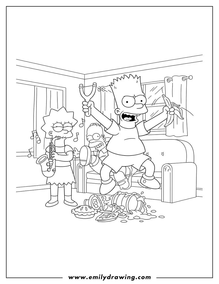 High quality printable evil Bart Simpson screaming, with Lisa Simpson playing an instrument, after pranking Homer for coloring