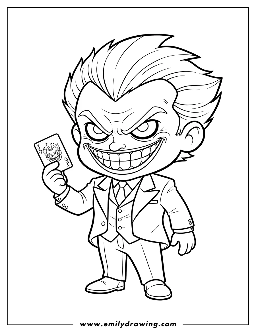 Outline drawing of evil Chibi Joker in a suit with a wide grin, holding up a Joker card